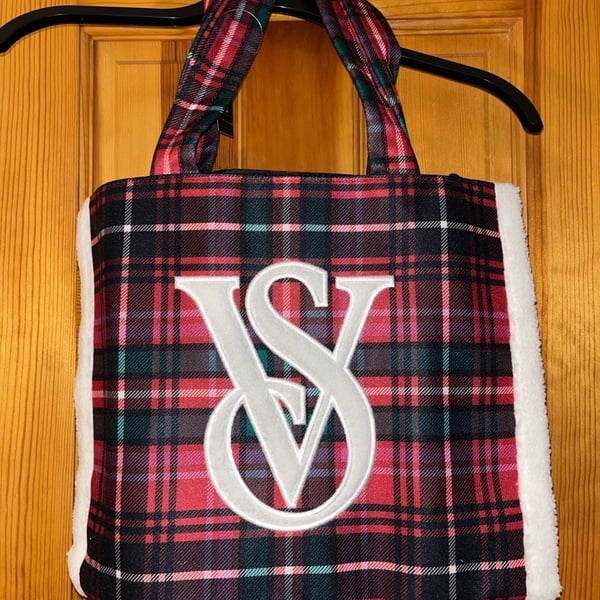 Victoria's Secret Plaid Tote Bag Red Tartan Sherpa Trim Holiday VS Logo