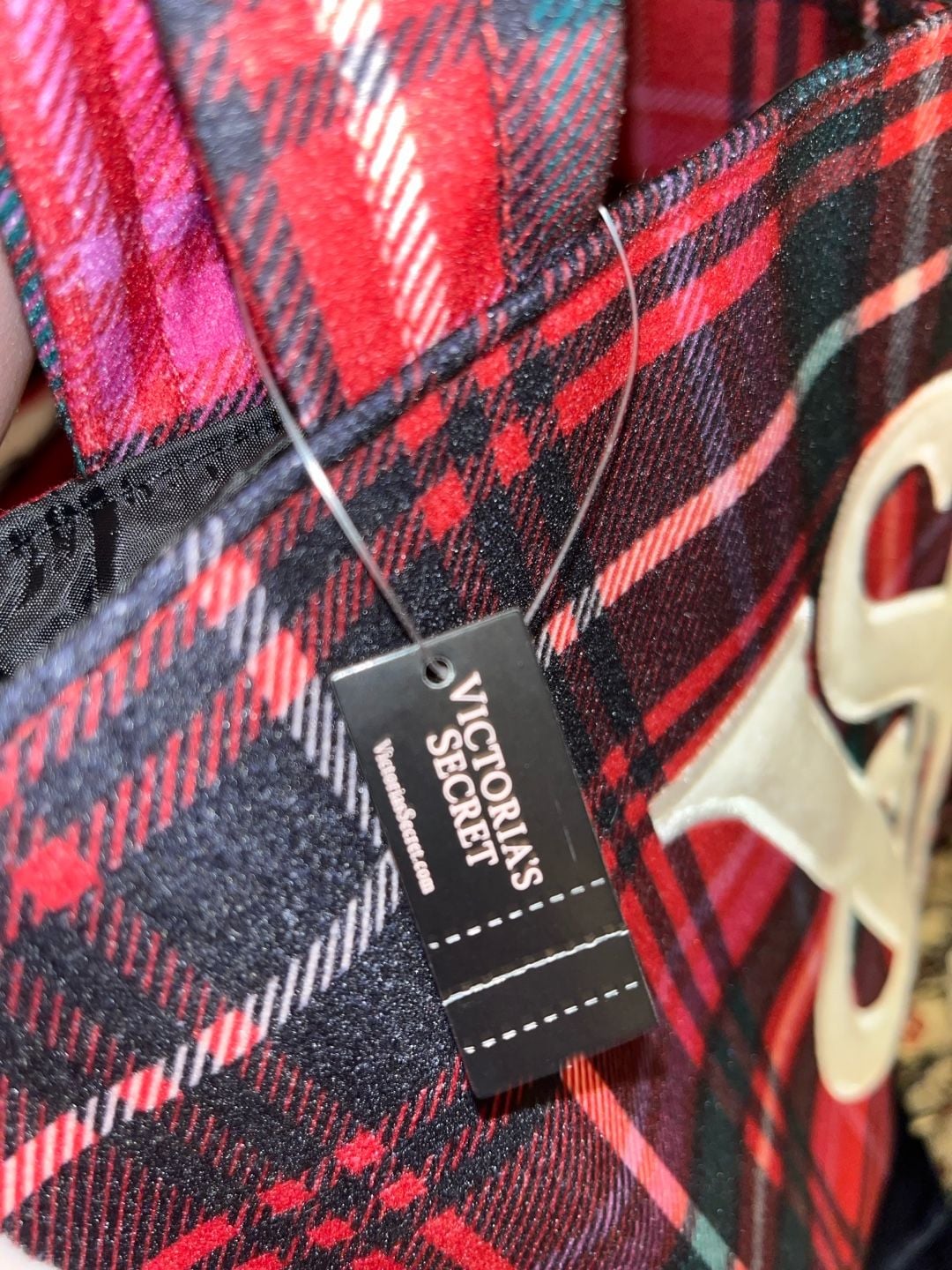 Victoria's Secret Plaid Tote Bag Red Tartan Sherpa Trim Holiday VS Logo 5