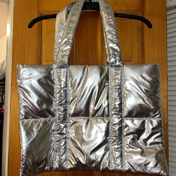 Bath & Body Works Silver Puffer Tote Bag Metallic 2024 Edition NWT