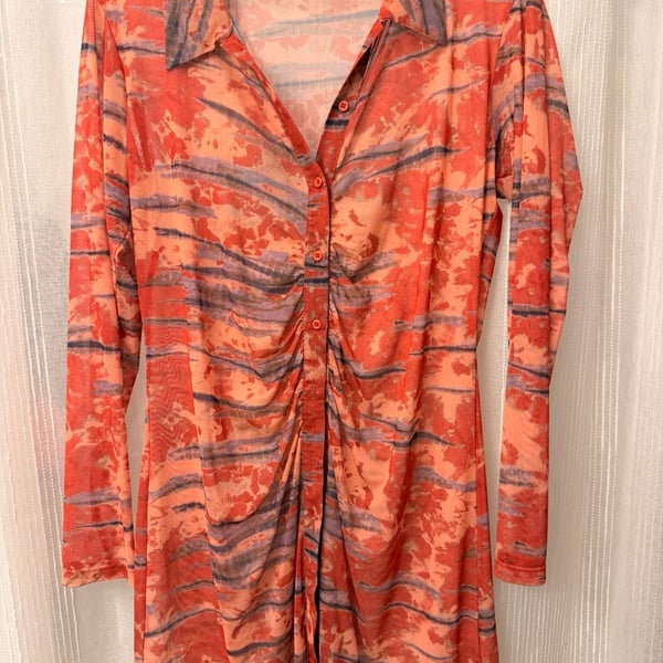 Wild Fable Long Sleeve Button-Front Mesh Dress Size L Orange Tie-Dye