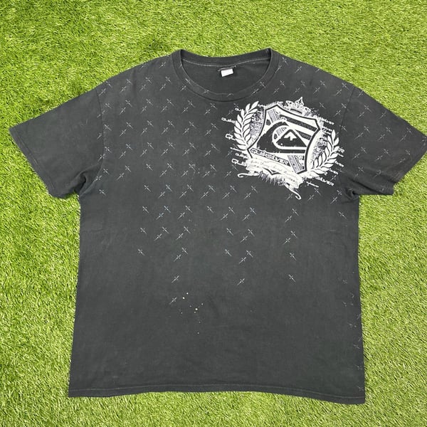 Y2K Quiksilver All Over Print Crest Logo Black Graphic T-Shirt Surf Skate