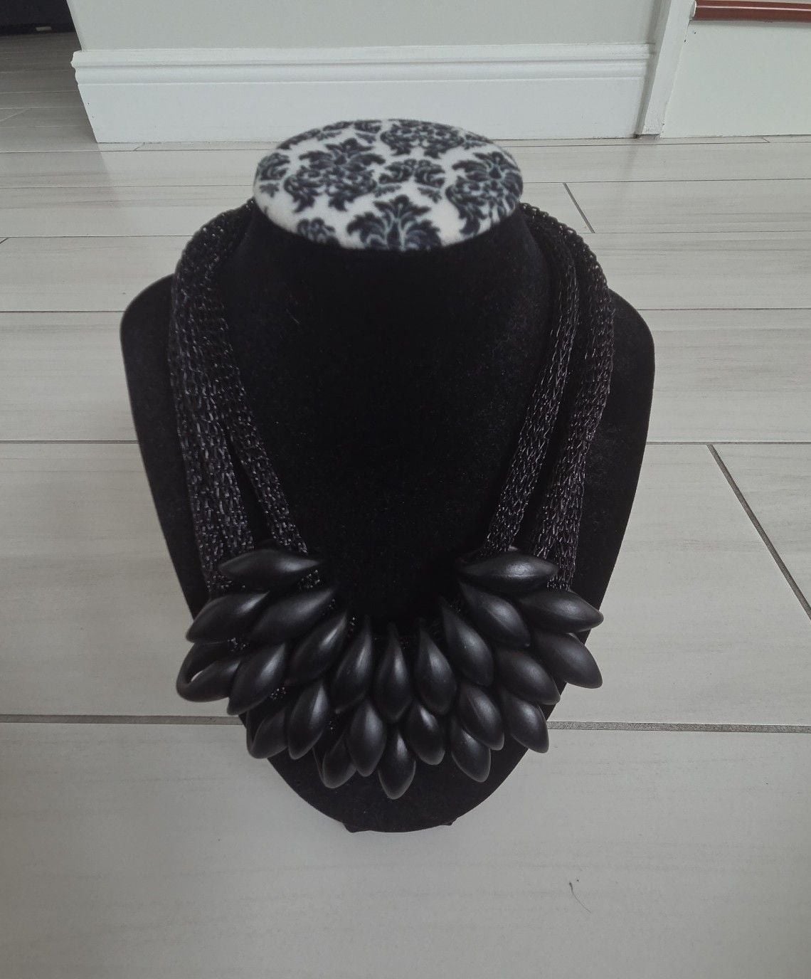 Chunky Black Statement Necklace Resin Petal Cluster Bib Collar 2
