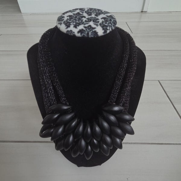 Chunky Black Statement Necklace Resin Petal Cluster Bib Collar