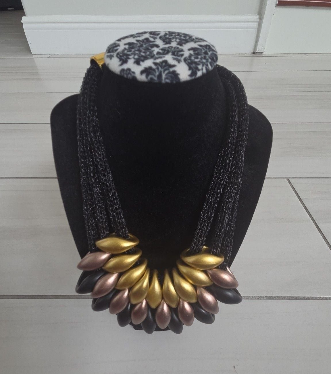 Chunky Statement Necklace Black Gold Metallic Bib Collar Boho 2