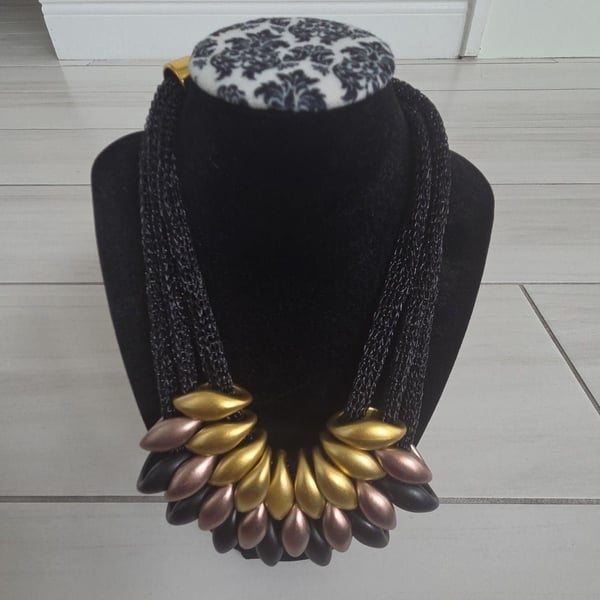 Chunky Statement Necklace Black Gold Metallic Bib Collar Boho