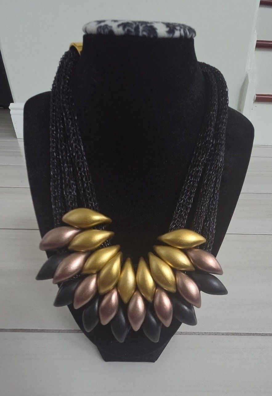Chunky Statement Necklace Black Gold Metallic Bib Collar Boho 3
