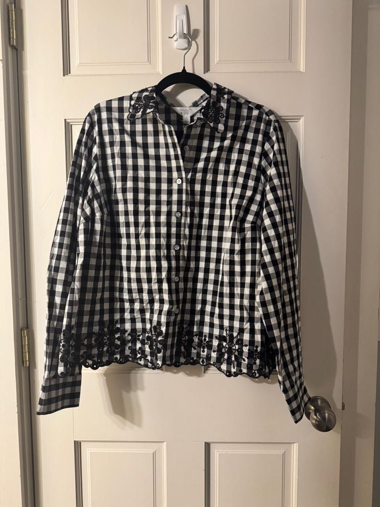 Market & Spruce Button Down Shirt Size L Black White Gingham Embroidered 2