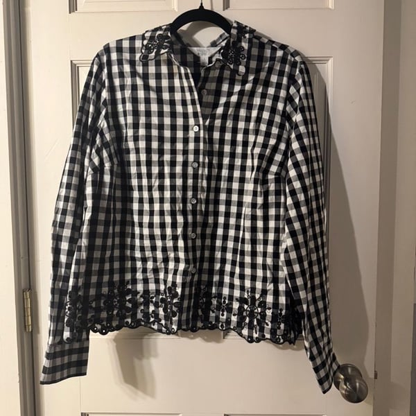Market & Spruce Button Down Shirt Size L Black White Gingham Embroidered