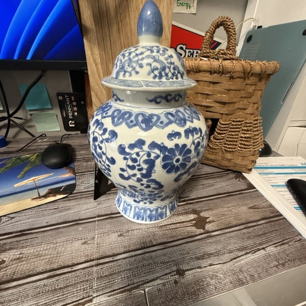 Vintage Blue and White Porcelain Ginger Jar Temple Vase