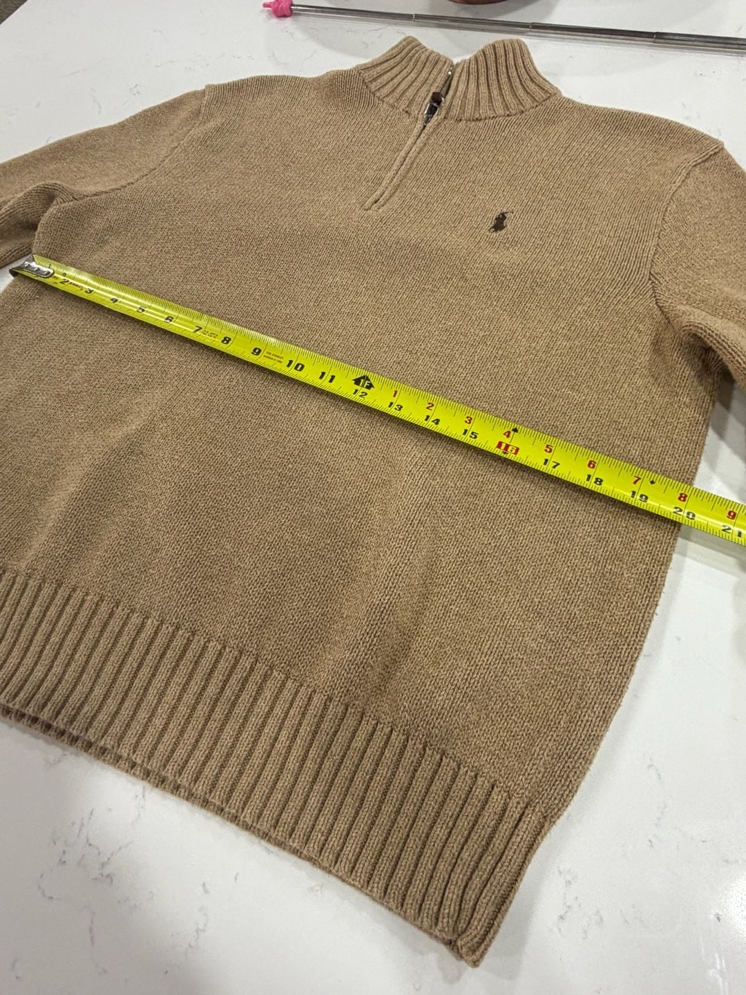 Polo Ralph Lauren Men's Medium Tan Brown 100% Pima Cotton Half Zip Ribbed Pullover Sweater 9