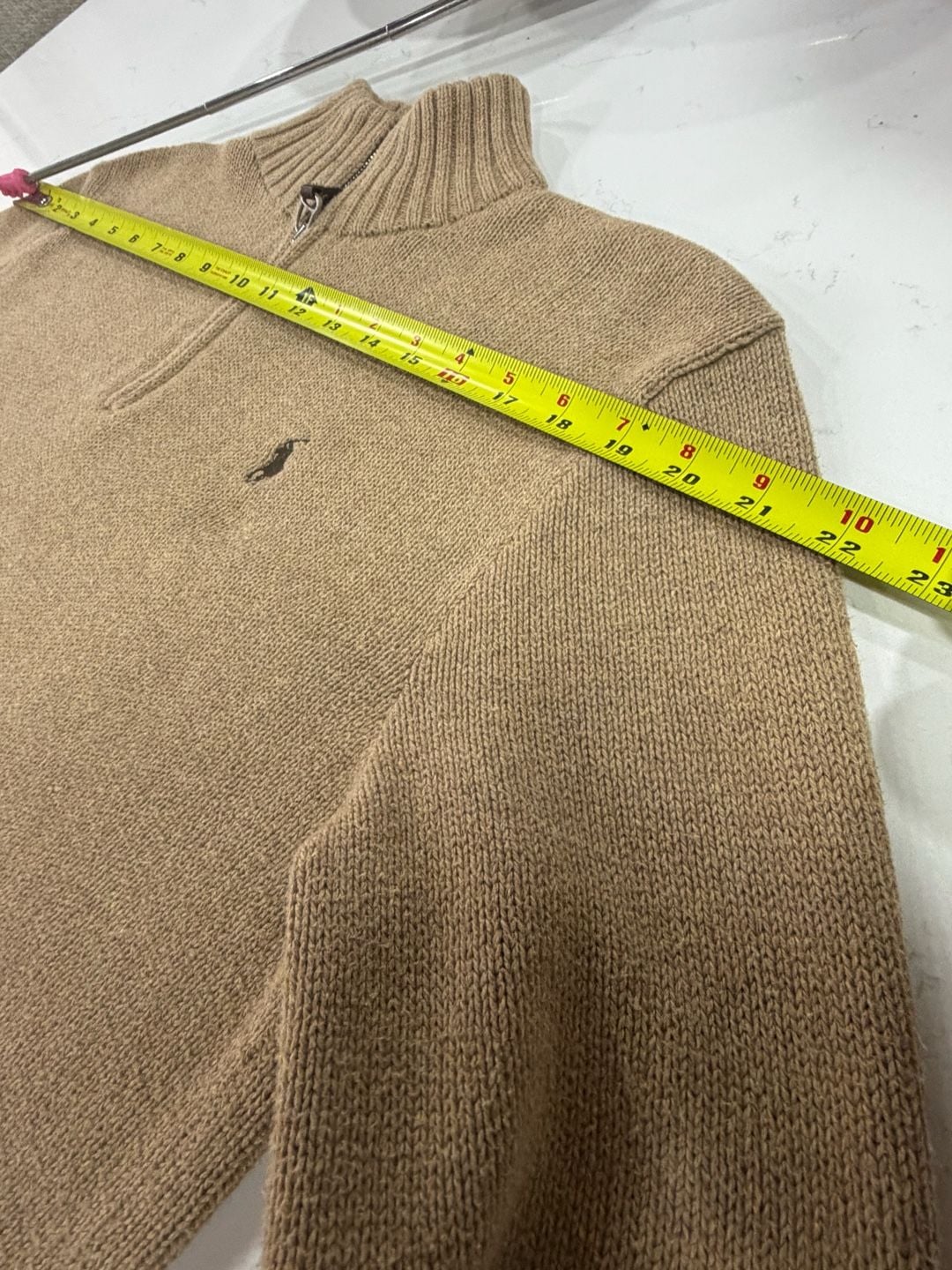 Polo Ralph Lauren Men's Medium Tan Brown 100% Pima Cotton Half Zip Ribbed Pullover Sweater 11