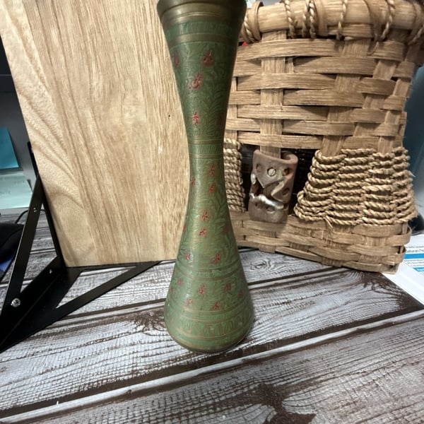 Vintage Hand Crafted Etched Brass Floral Vase Made in India