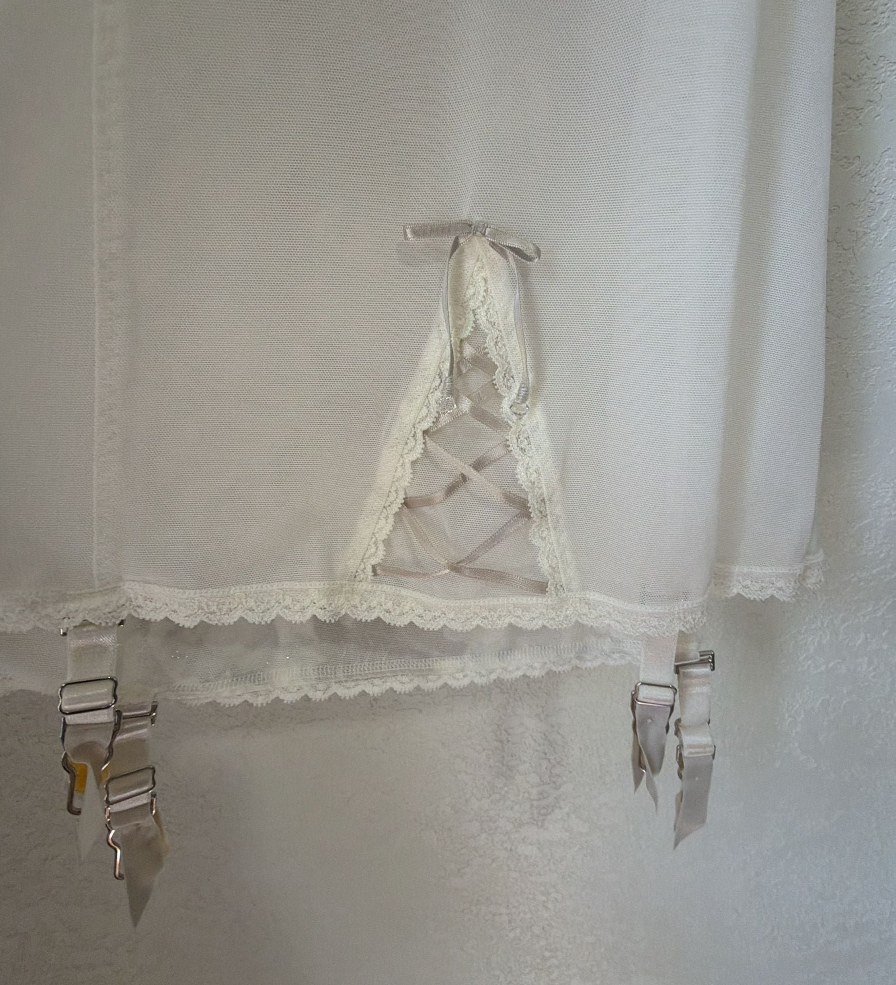 Victoria's Secret Seduction Lace Garter Slip Size 36D Taupe Ivory Crystals 5