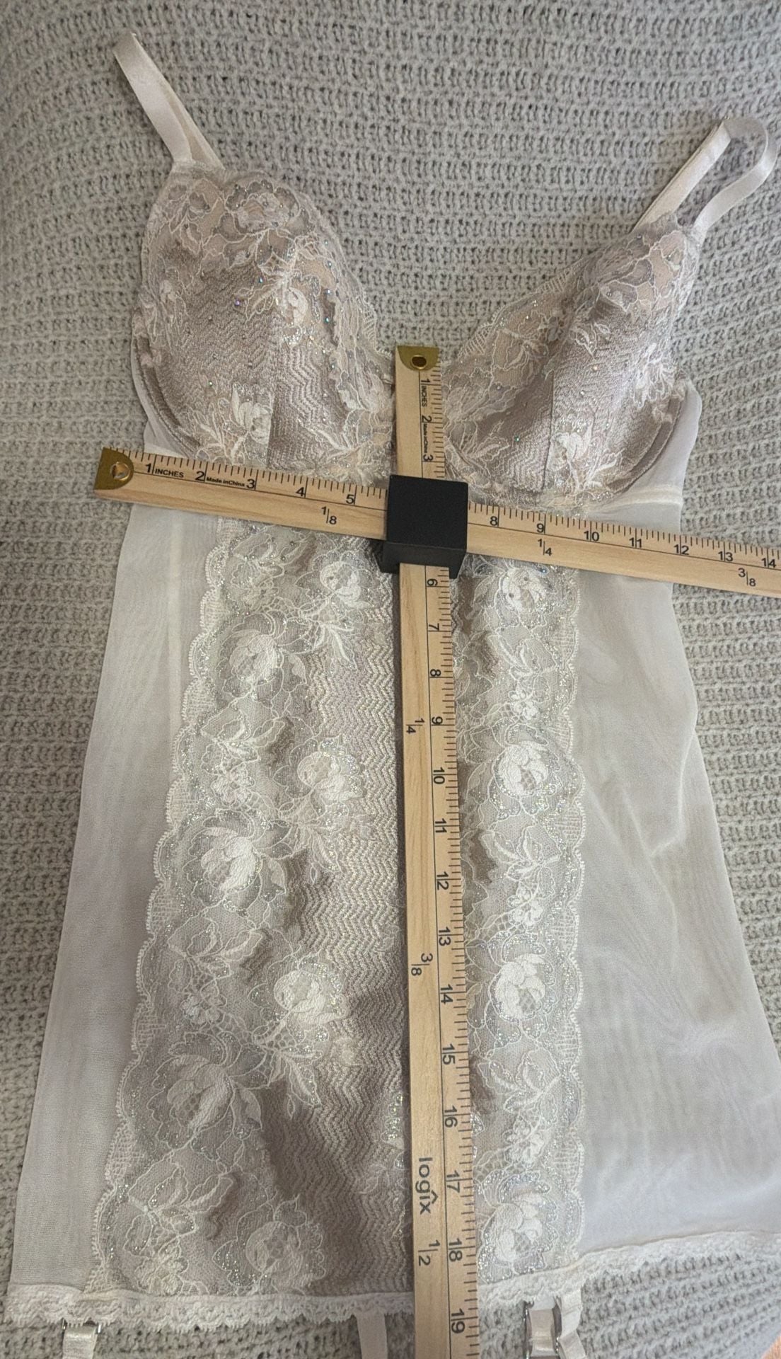 Victoria's Secret Seduction Lace Garter Slip Size 36D Taupe Ivory Crystals 7
