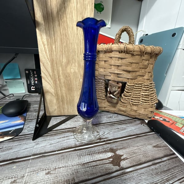Vintage Cobalt Blue Glass Bud Vase Ruffled Ringed 9 Inch