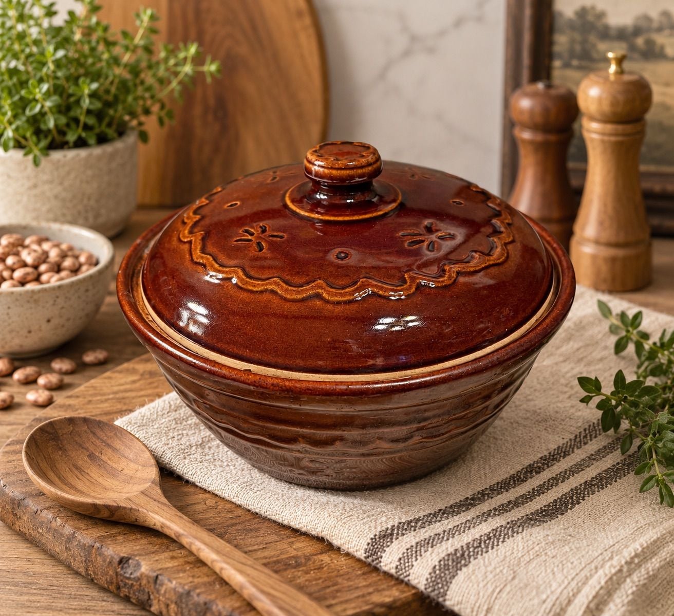 Marcrest Daisy Dot Brown Stoneware Casserole Dish with Lid Oven Proof USA 1