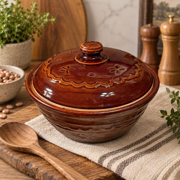 Marcrest Daisy Dot Brown Stoneware Casserole Dish with Lid Oven Proof USA
