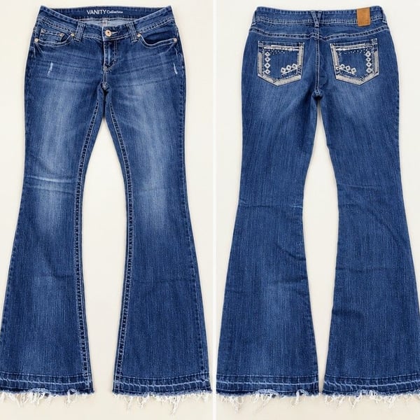 Vanity Collection Flare Jeans Distressed Hem Blue Denim