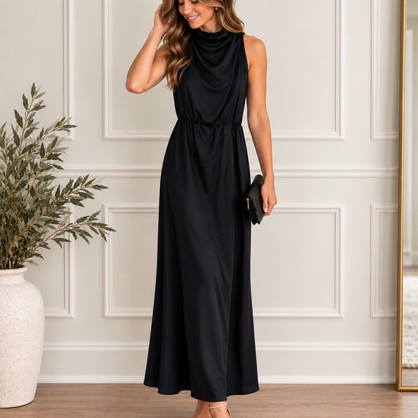 PrettyGarden Satin Maxi Dress Size S Navy Sleeveless Cocktail Party Fall wedding guest