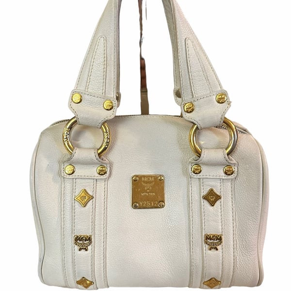MCM Boston Bag White Leather Satchel Purse