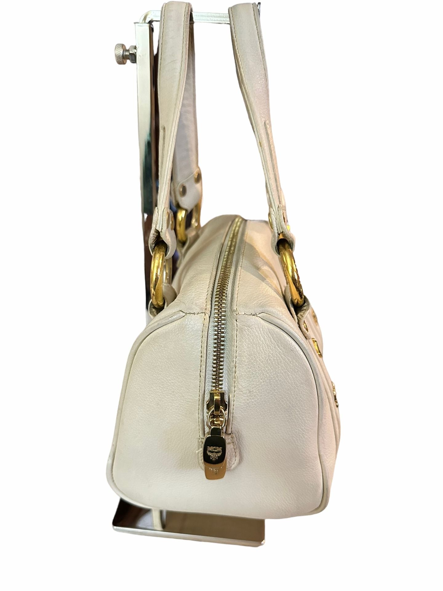 MCM Boston Bag White Leather Satchel Purse 7