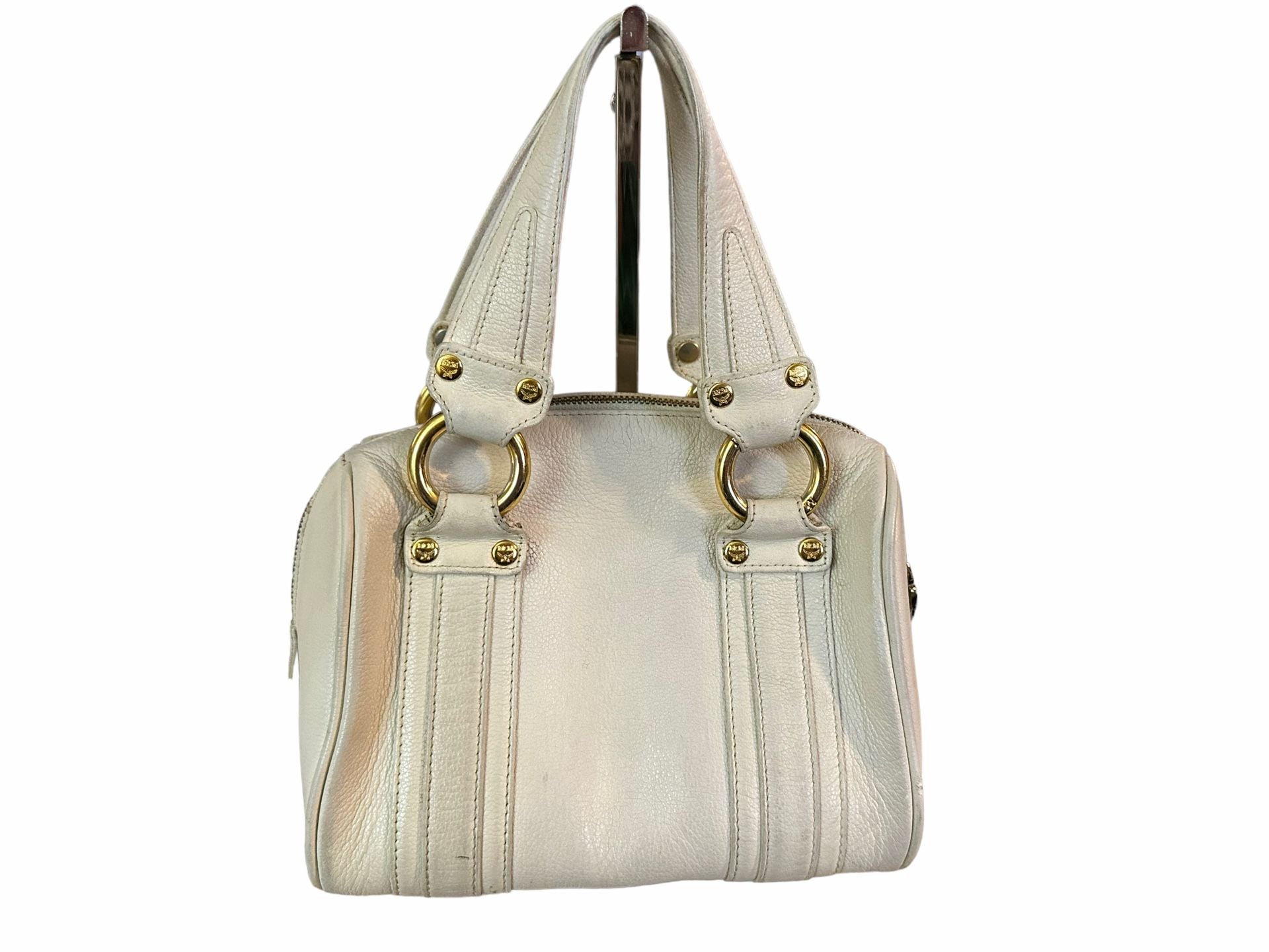 MCM Boston Bag White Leather Satchel Purse 11