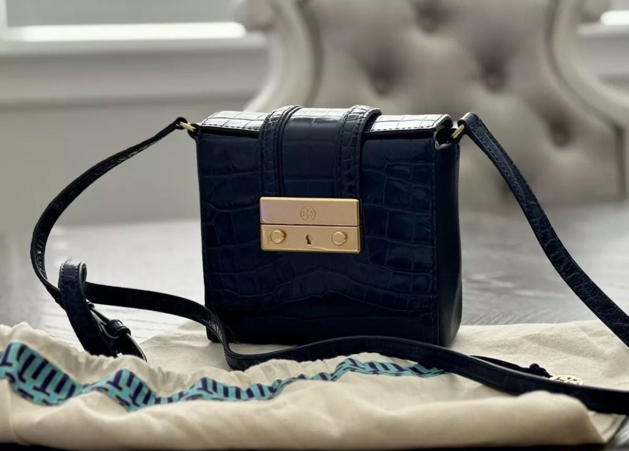Tory Burch Emerson Croc Embossed Leather Crossbody Bag Blue 2