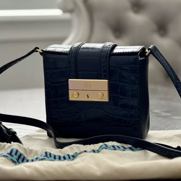 Tory Burch Emerson Croc Embossed Leather Crossbody Bag Blue