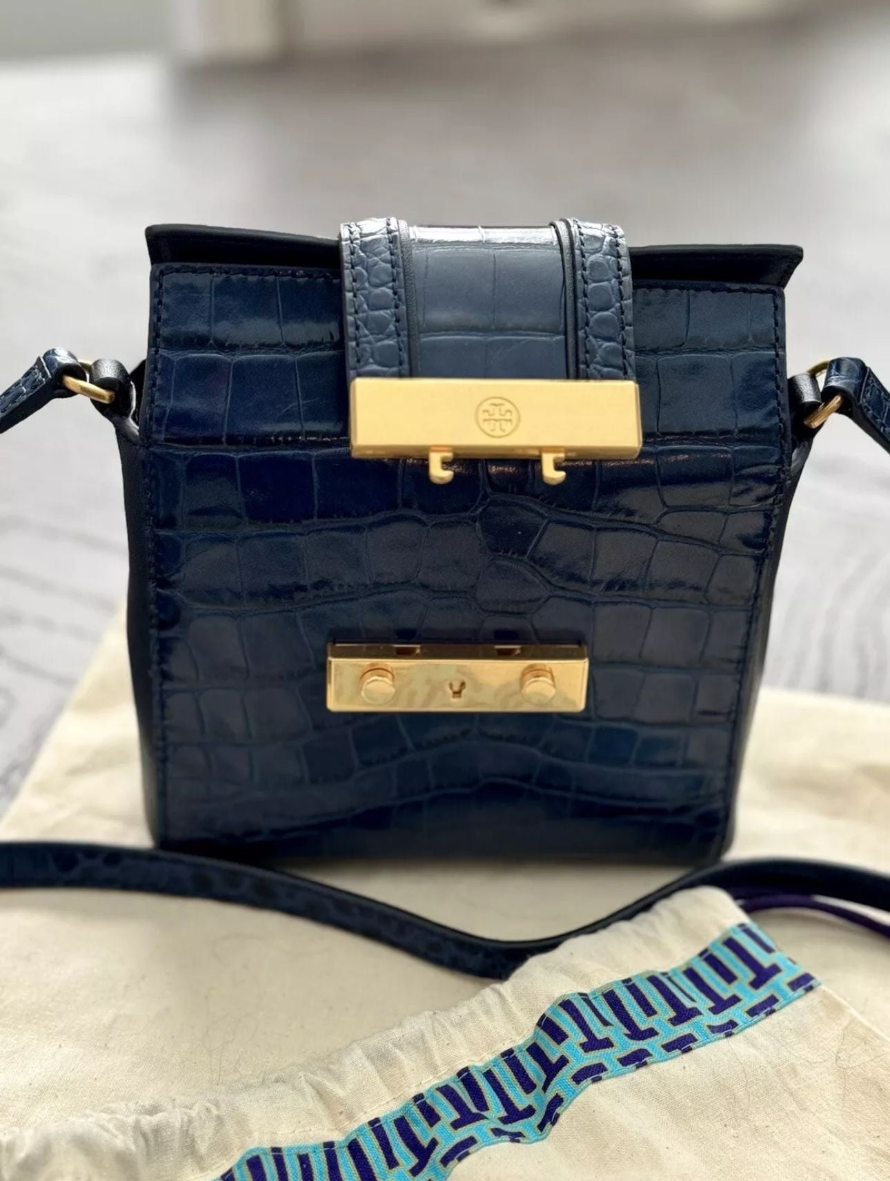 Tory Burch Emerson Croc Embossed Leather Crossbody Bag Blue 3