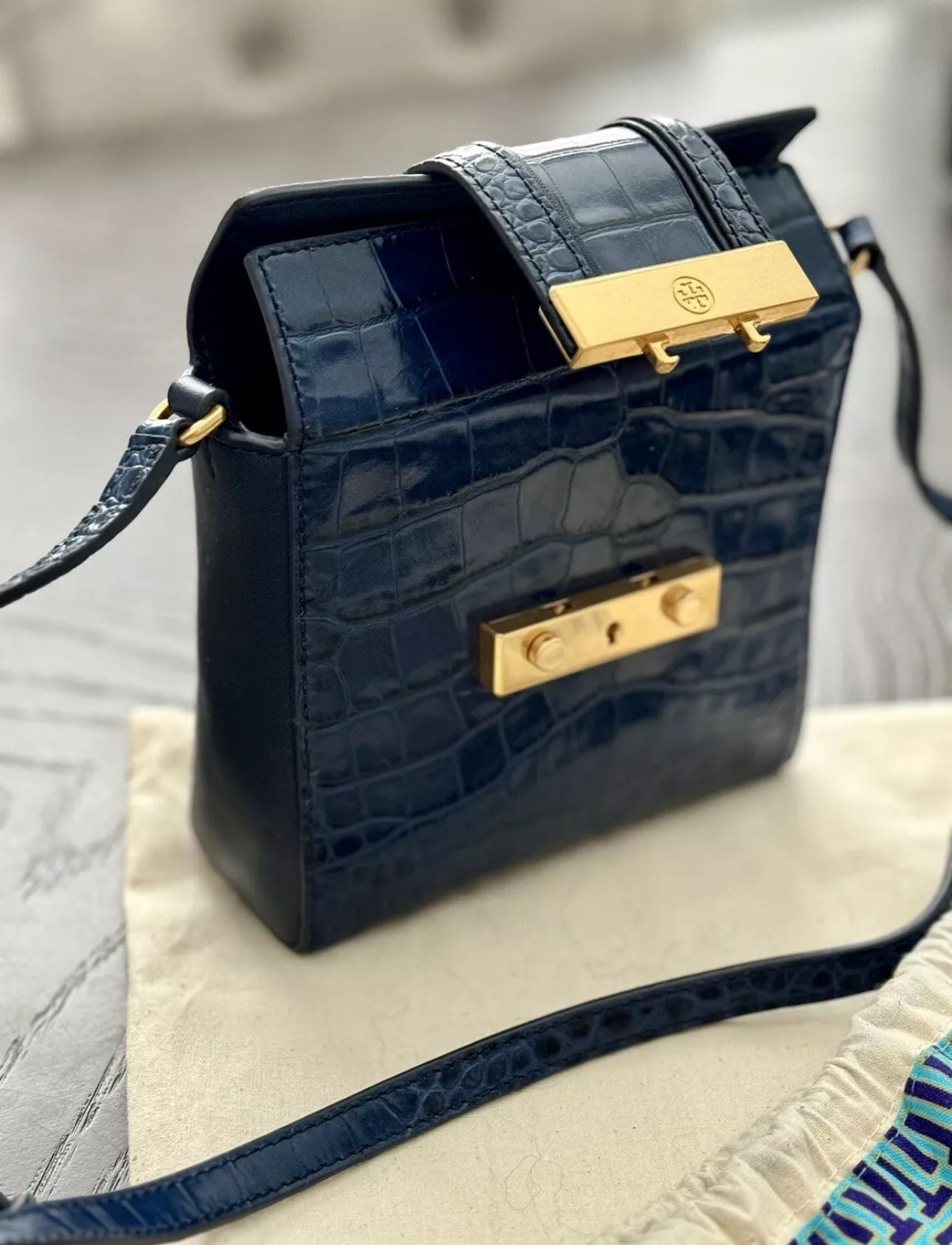 Tory Burch Emerson Croc Embossed Leather Crossbody Bag Blue 4