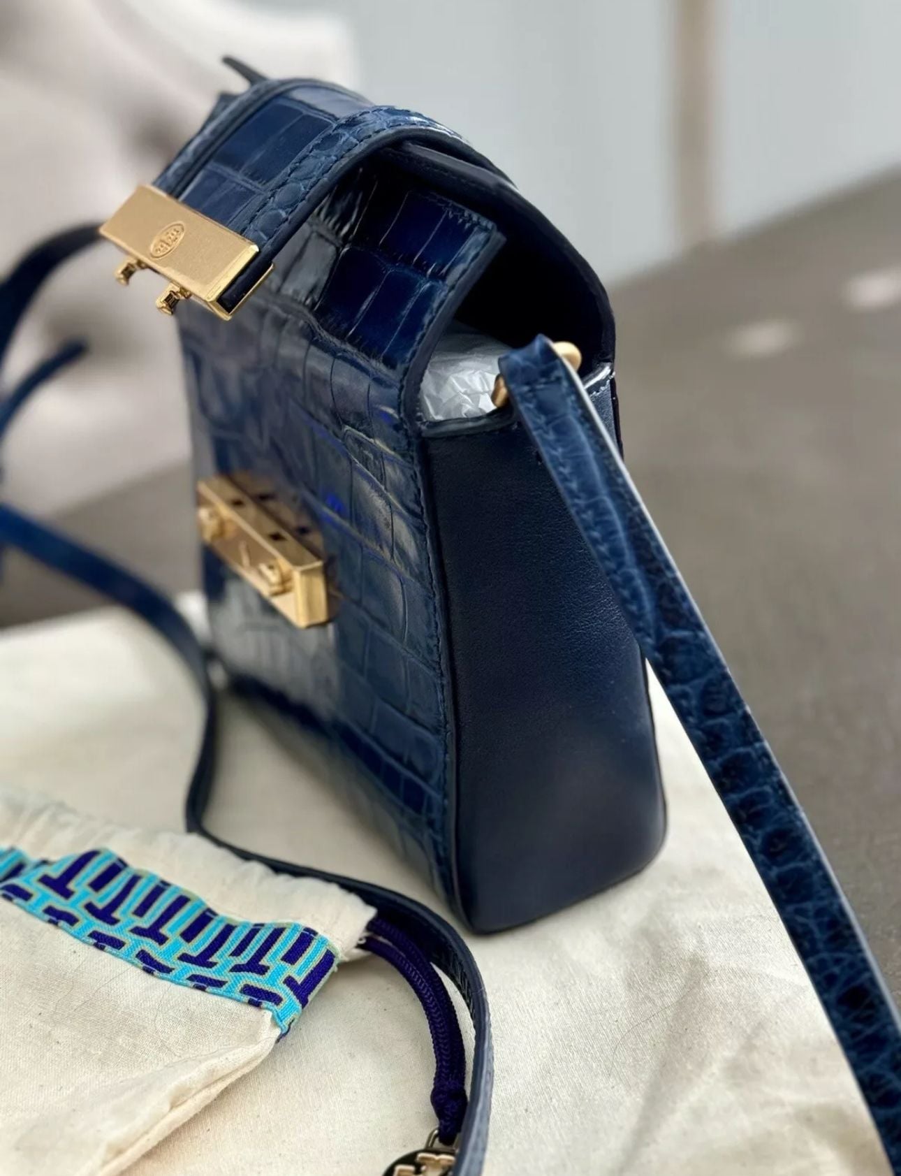 Tory Burch Emerson Croc Embossed Leather Crossbody Bag Blue 5