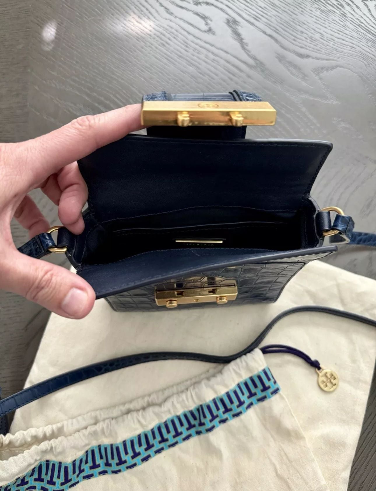 Tory Burch Emerson Croc Embossed Leather Crossbody Bag Blue 6