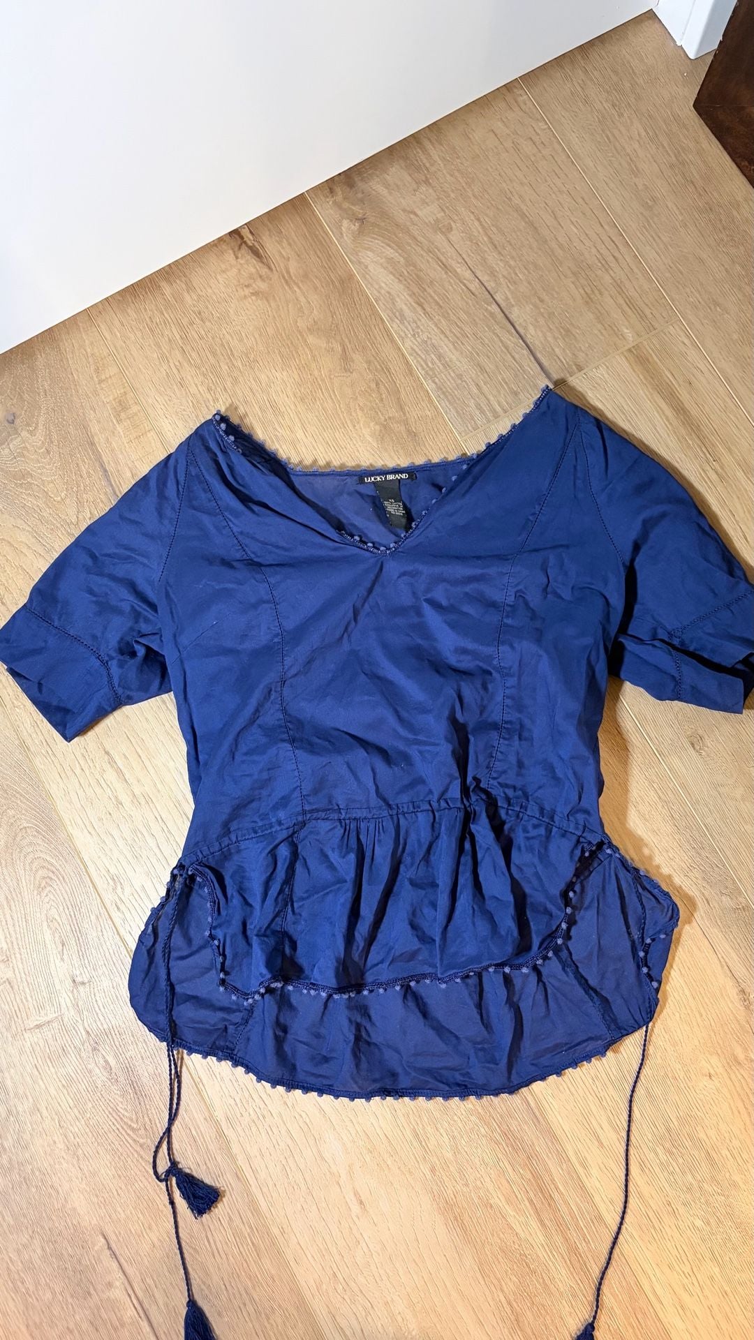 Lucky Brand Blouse Size XS Blue Cotton Peplum Pom Pom Tassels 3