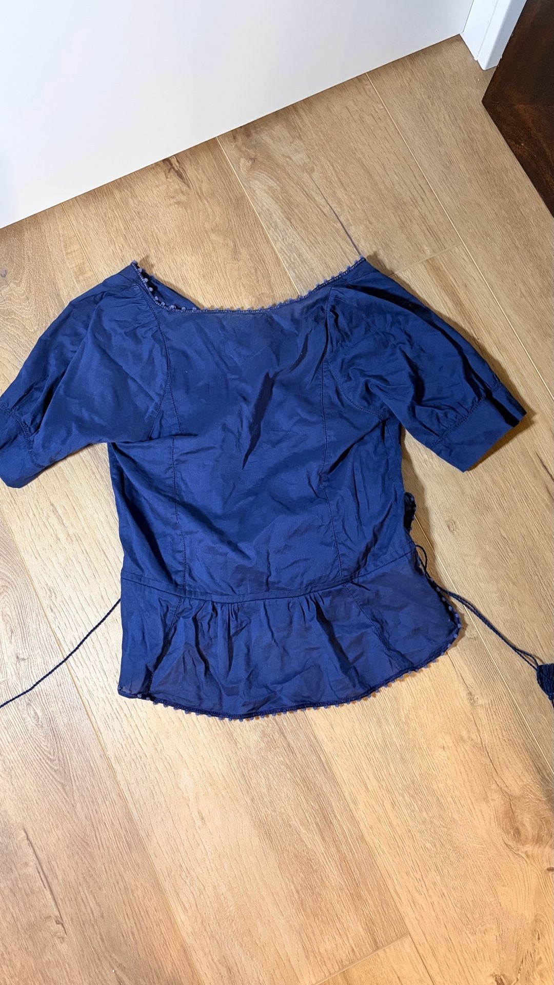Lucky Brand Blouse Size XS Blue Cotton Peplum Pom Pom Tassels 4