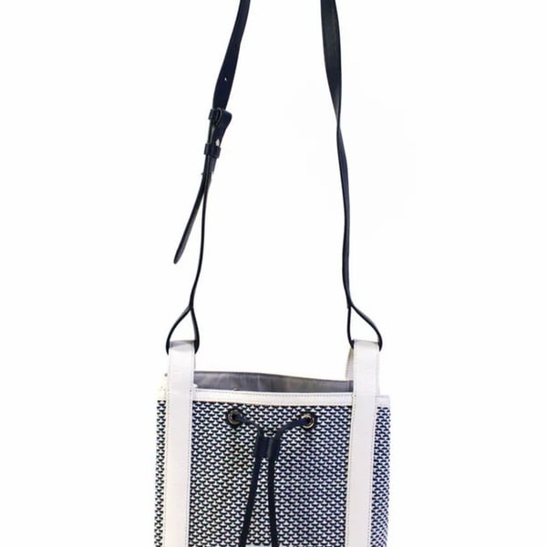 Kate Spade Small Bucket Bag Woven Blue White Crossbody Bag