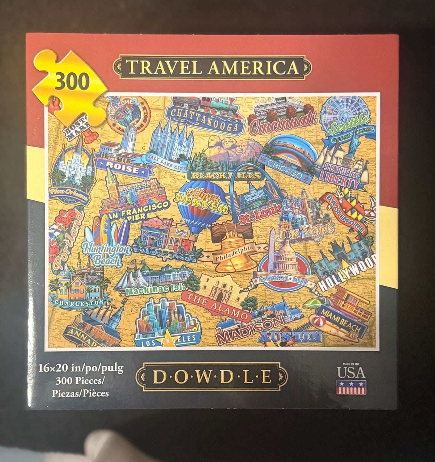 Travel America and Rome 300 Piece 16x20 Jigsaw Puzzle Dowdle Folk Art Stickers Label. Lot of 2 1