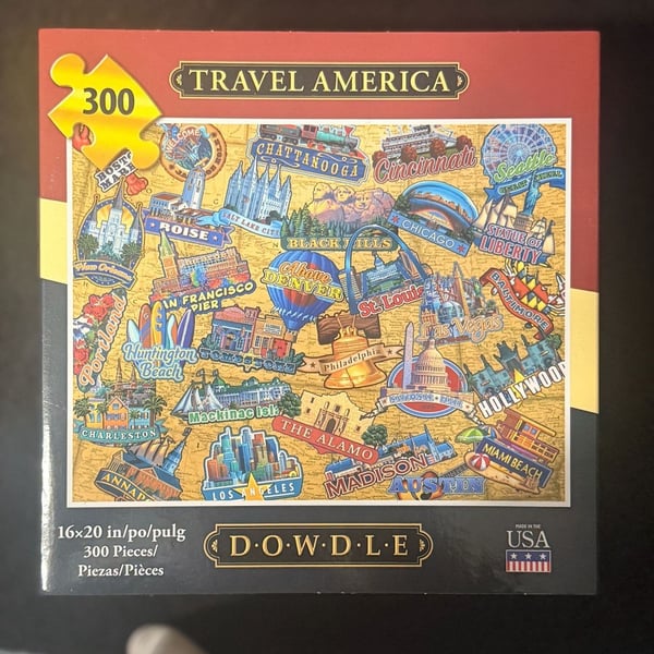 Travel America and Rome 300 Piece 16x20 Jigsaw Puzzle Dowdle Folk Art Stickers Label. Lot of 2