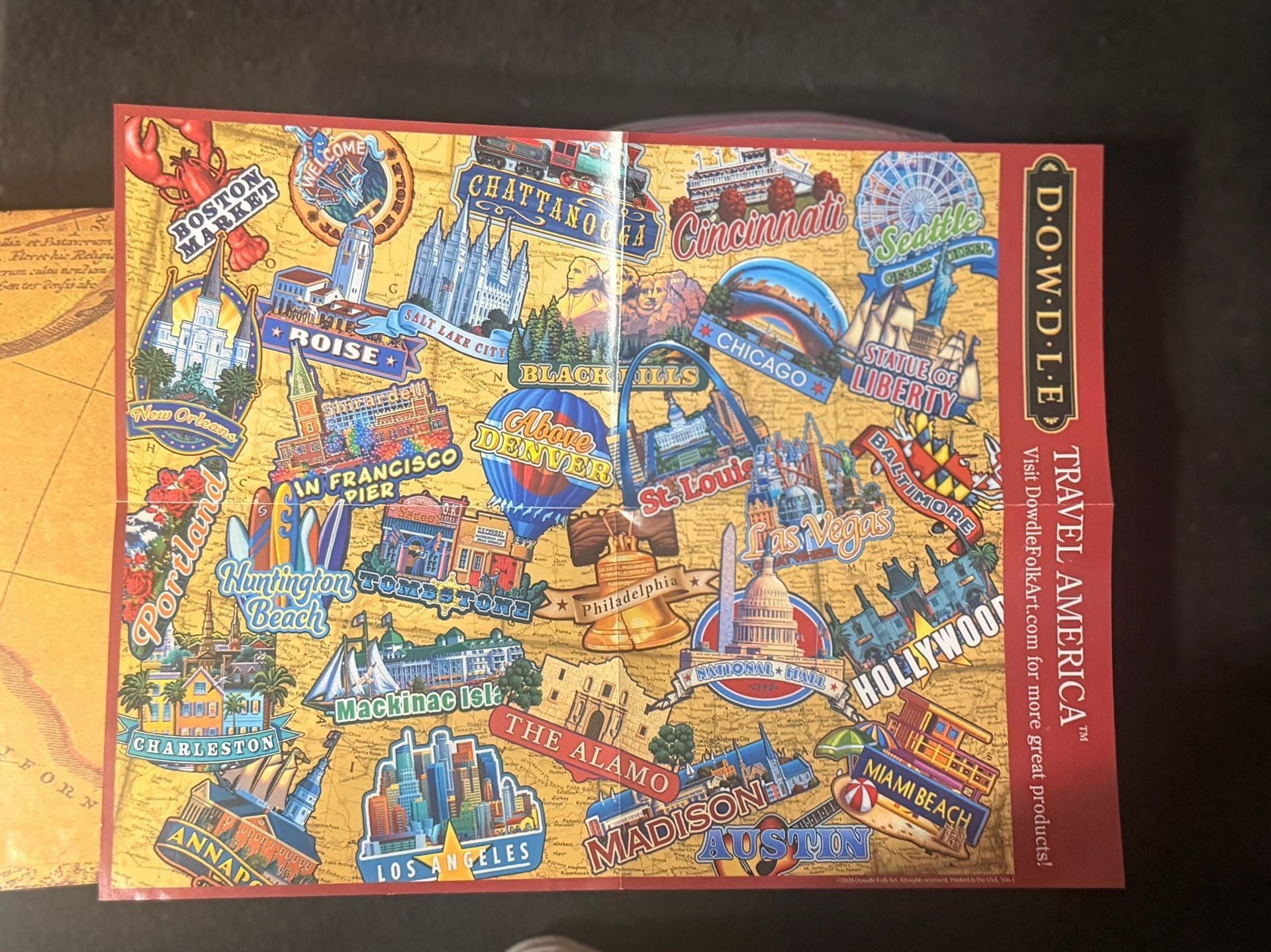 Travel America and Rome 300 Piece 16x20 Jigsaw Puzzle Dowdle Folk Art Stickers Label. Lot of 2 4