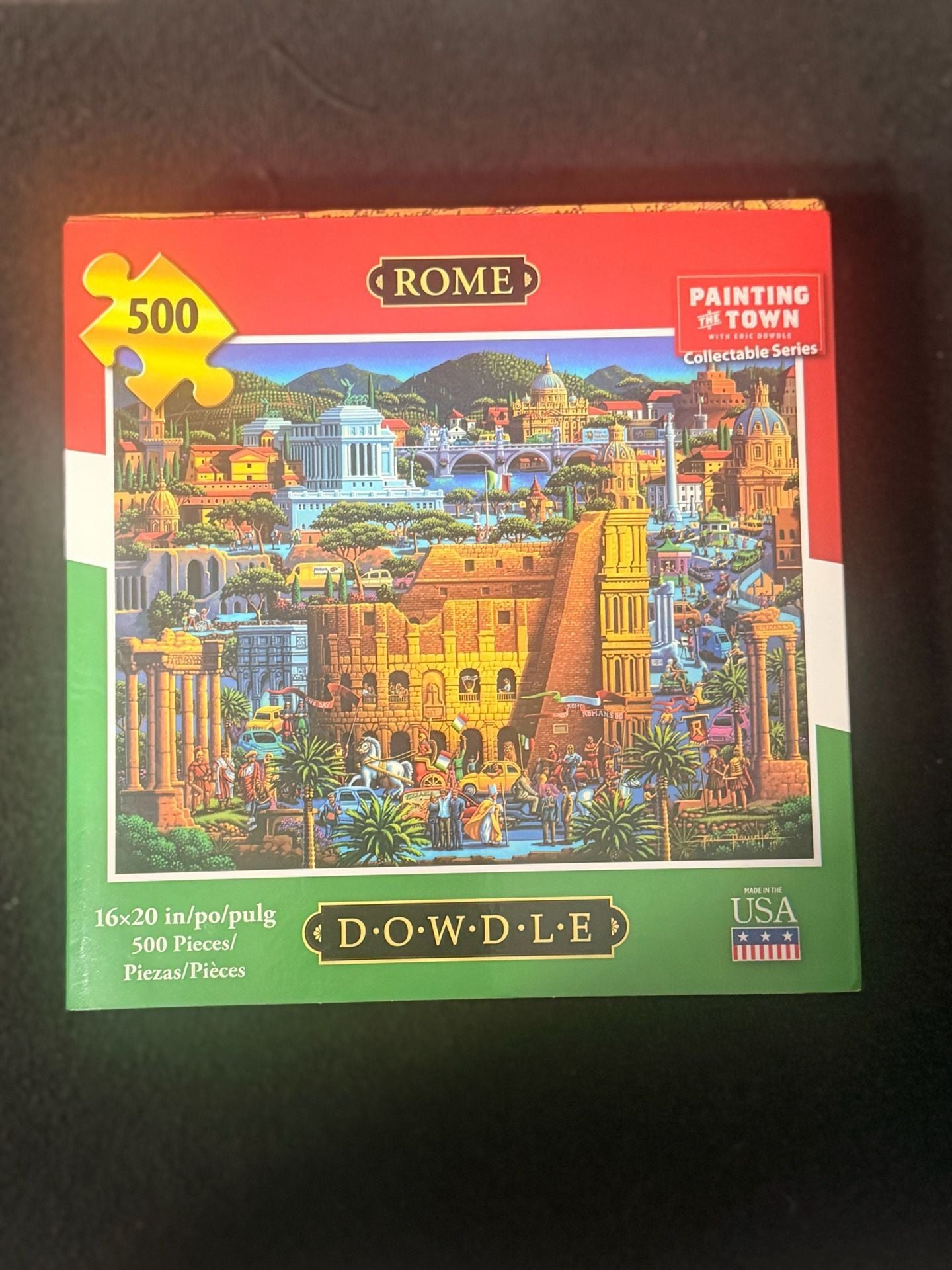 Travel America and Rome 300 Piece 16x20 Jigsaw Puzzle Dowdle Folk Art Stickers Label. Lot of 2 5