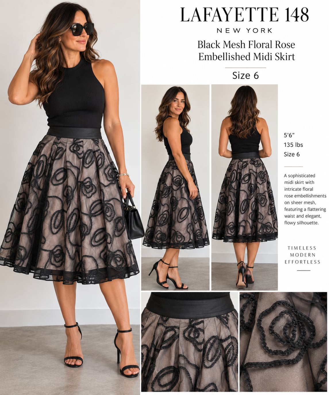 Lafayette 148 Black Mesh Floral Rose Embellished MidiSize 6 2