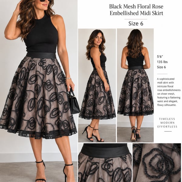 Lafayette 148 Black Mesh Floral Rose Embellished MidiSize 6