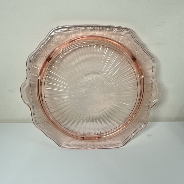 Anchor Hocking Mayfair Open Rose Pink Depression Glass Cake Plate