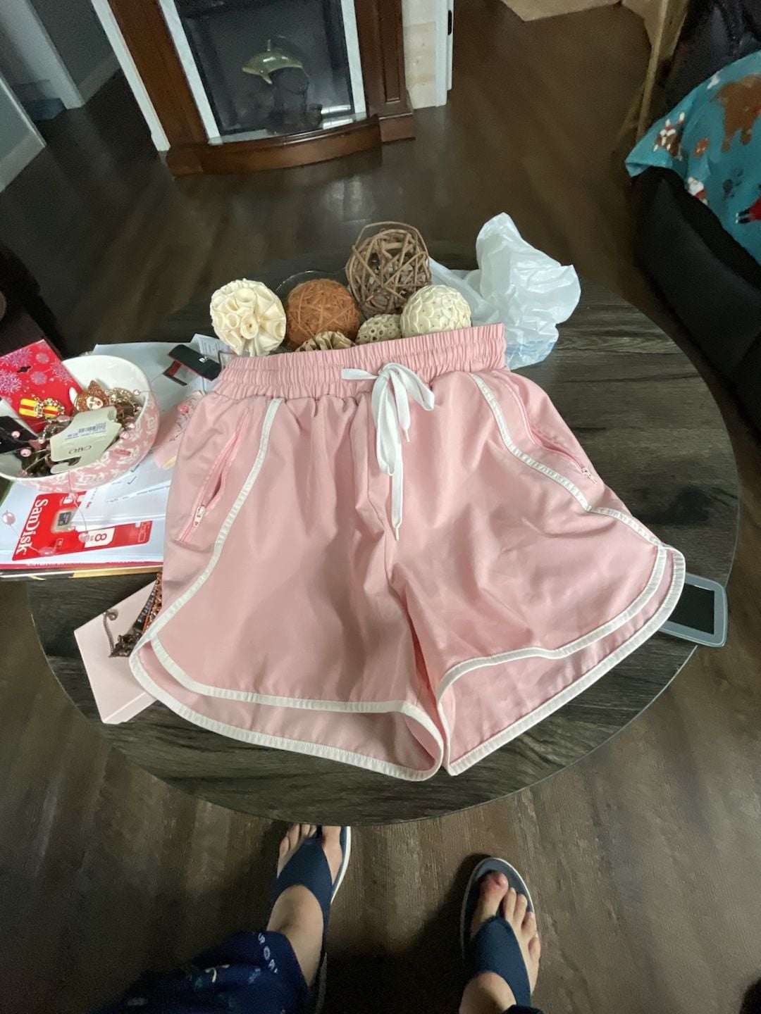Unbranded Athletic Running Shorts Pink White Trimmed Pockets Drawstring 2