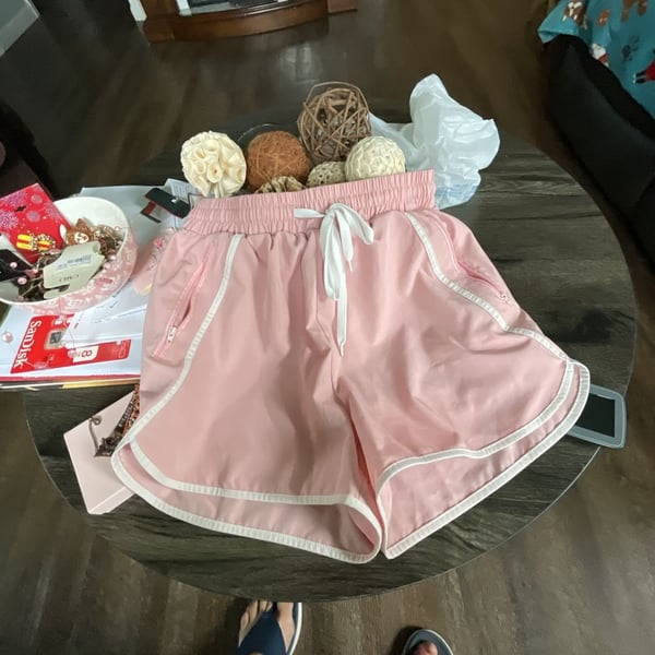 Unbranded Athletic Running Shorts Pink White Trimmed Pockets Drawstring