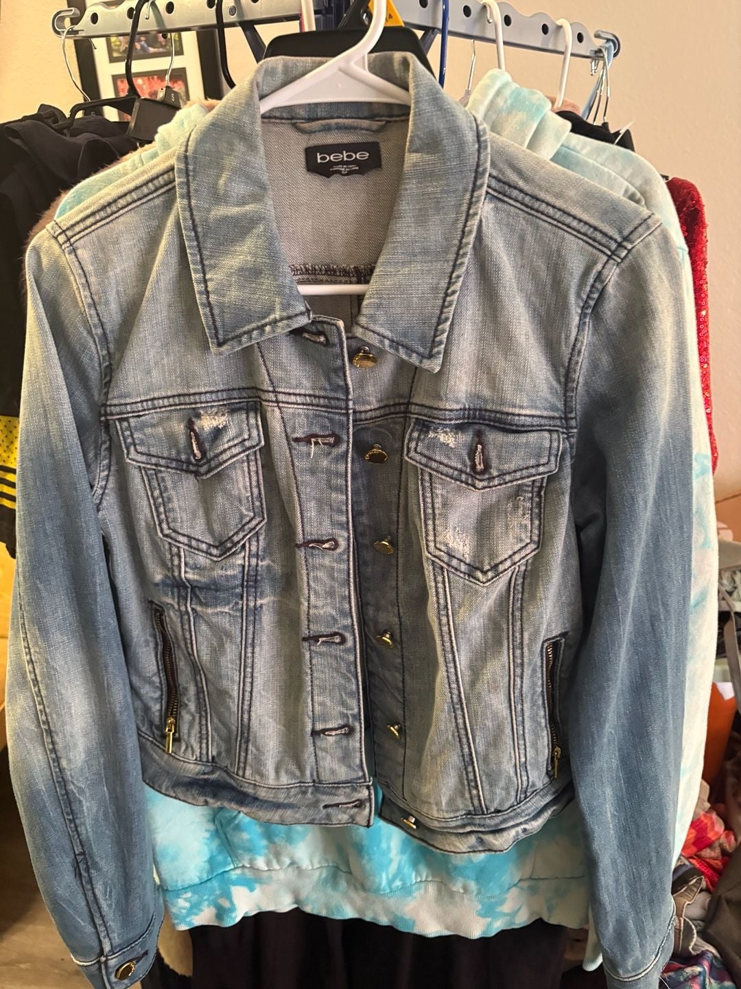 bebe Denim Jacket Size S/P Light Wash Distressed Gold Hardware 2