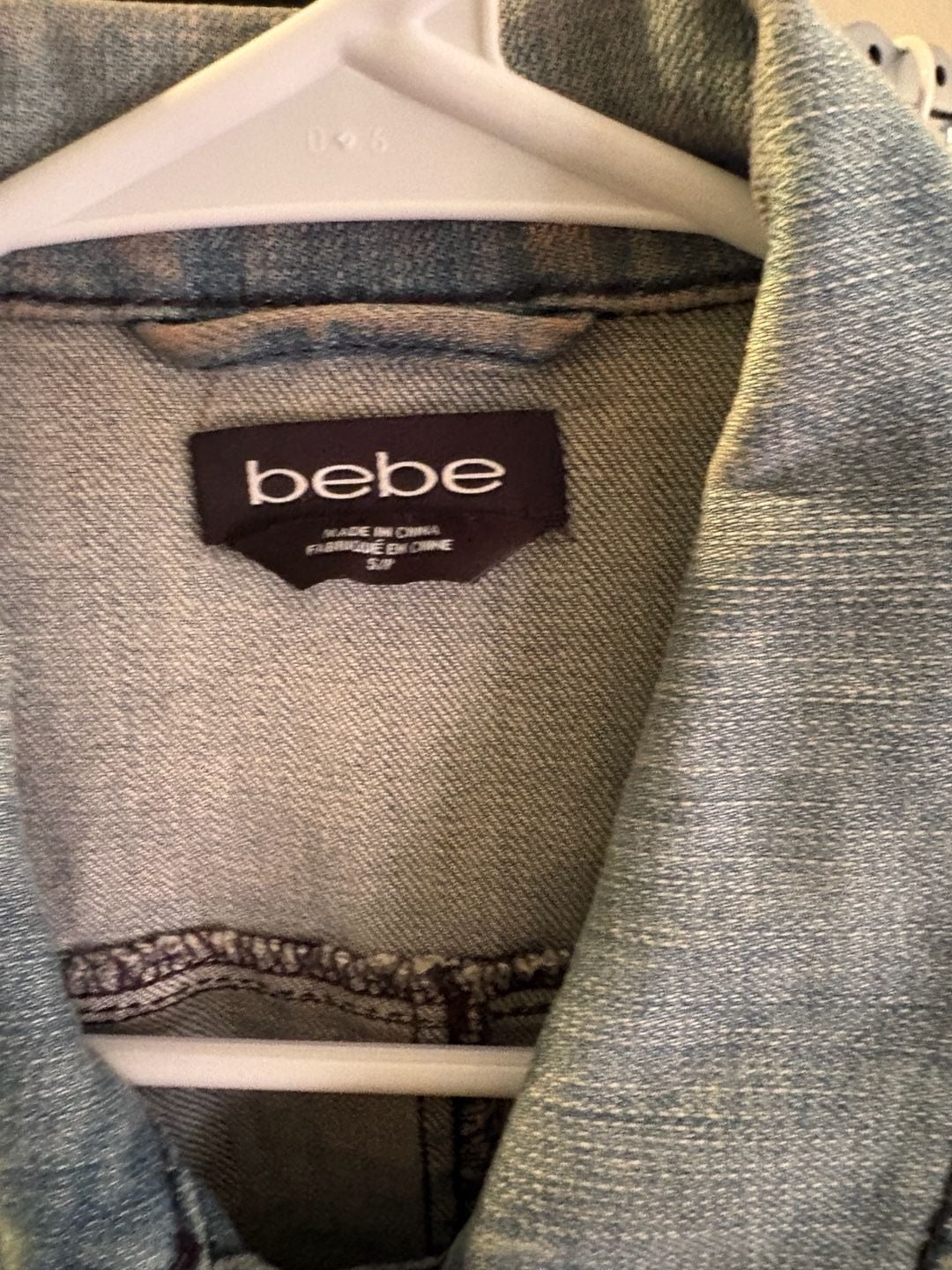 bebe Denim Jacket Size S/P Light Wash Distressed Gold Hardware 3