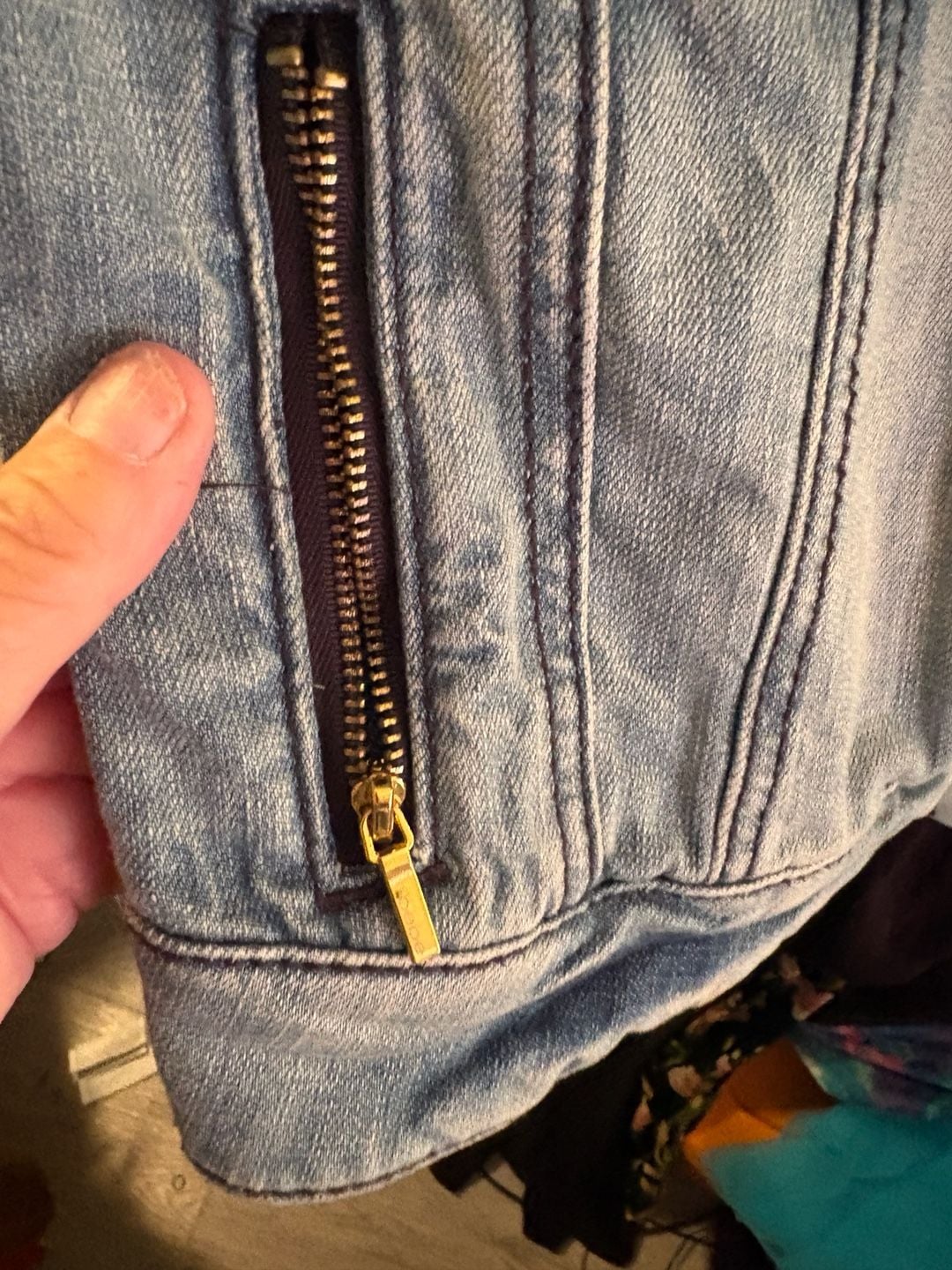 bebe Denim Jacket Size S/P Light Wash Distressed Gold Hardware 4