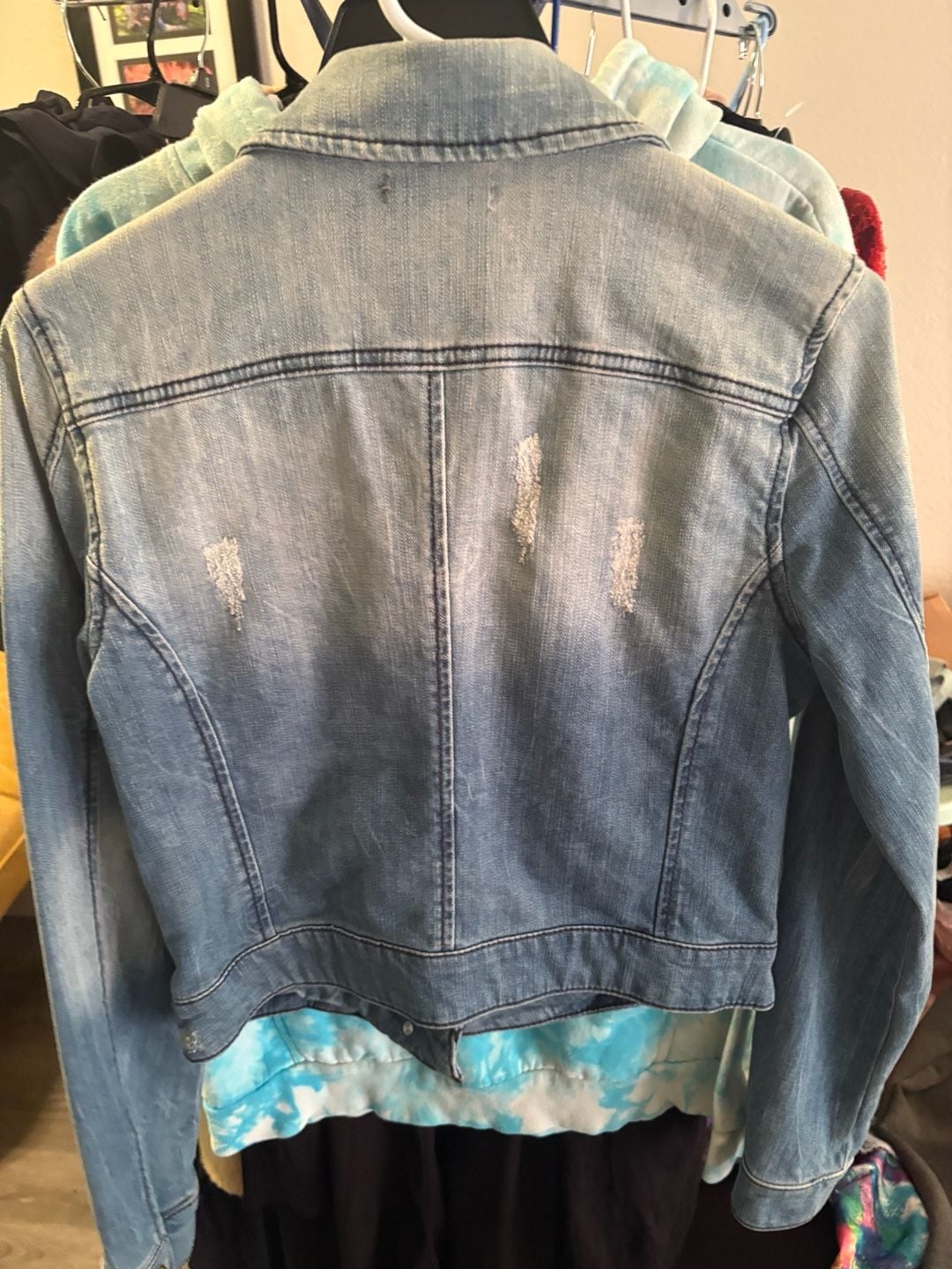 bebe Denim Jacket Size S/P Light Wash Distressed Gold Hardware 5