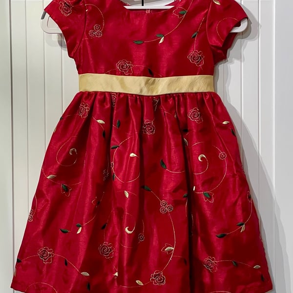 George Holiday Dress Size 5 Red Gold Floral Embroidered