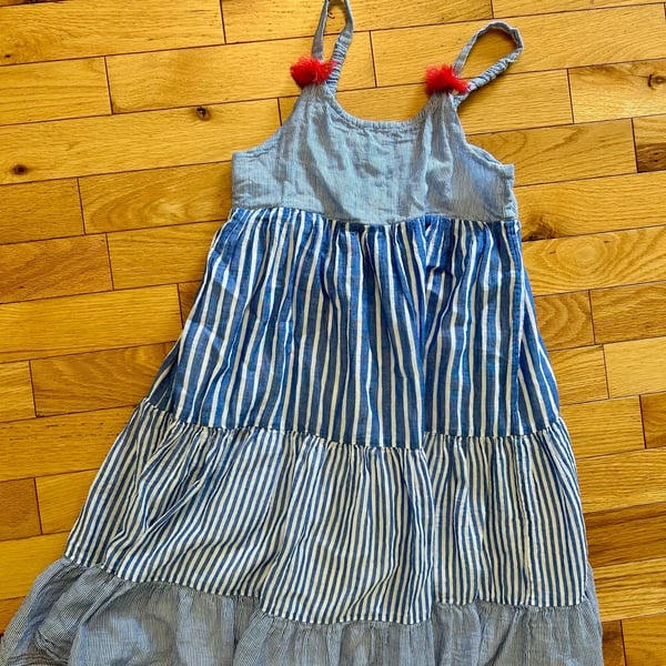 Boden Striped Tiered Dress Size 6-7Y Blue White Tassels